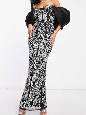 Black Off Shoulder Beaded Maxi Dress